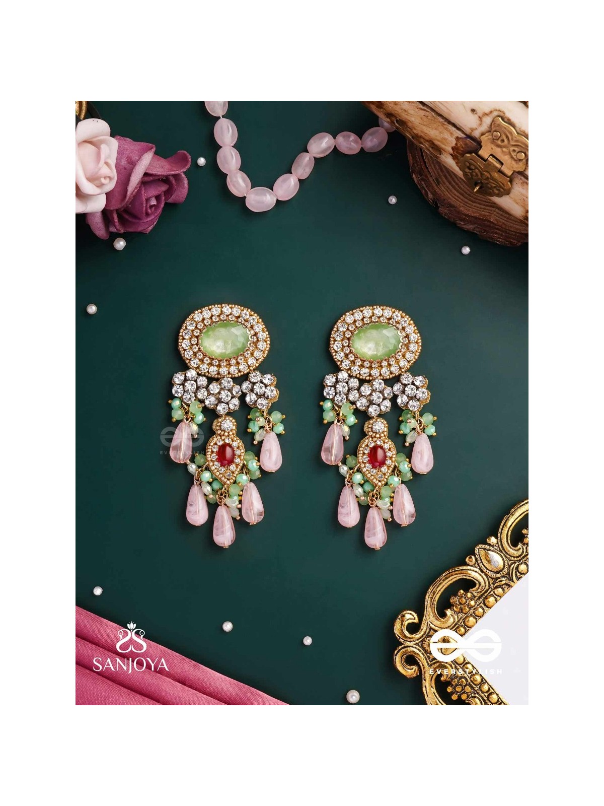 PANKHURI DHARA – SUHANA KHAN INSPIRED EARRINGS FEATURING CASCADING PINK BEADS AND SPARKLING GEMSTONES