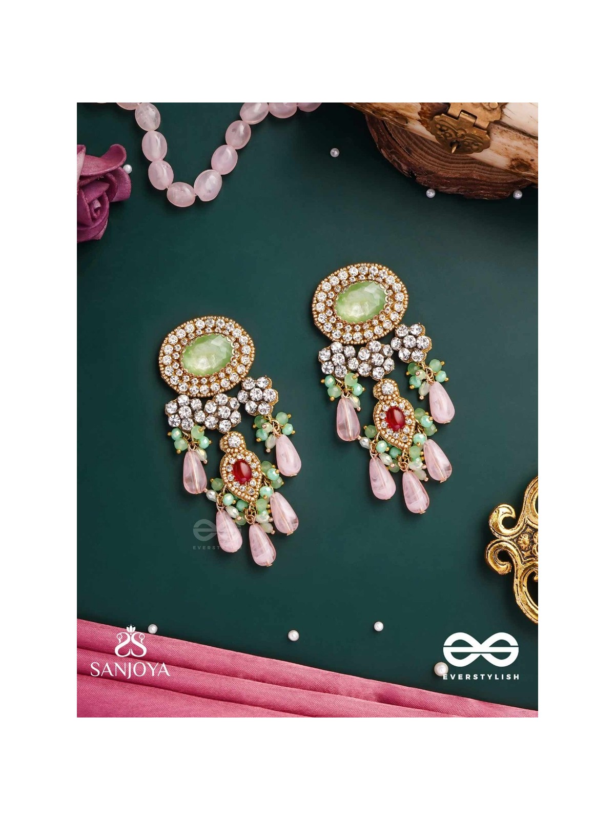 PANKHURI DHARA – SUHANA KHAN INSPIRED EARRINGS FEATURING CASCADING PINK BEADS AND SPARKLING GEMSTONES
