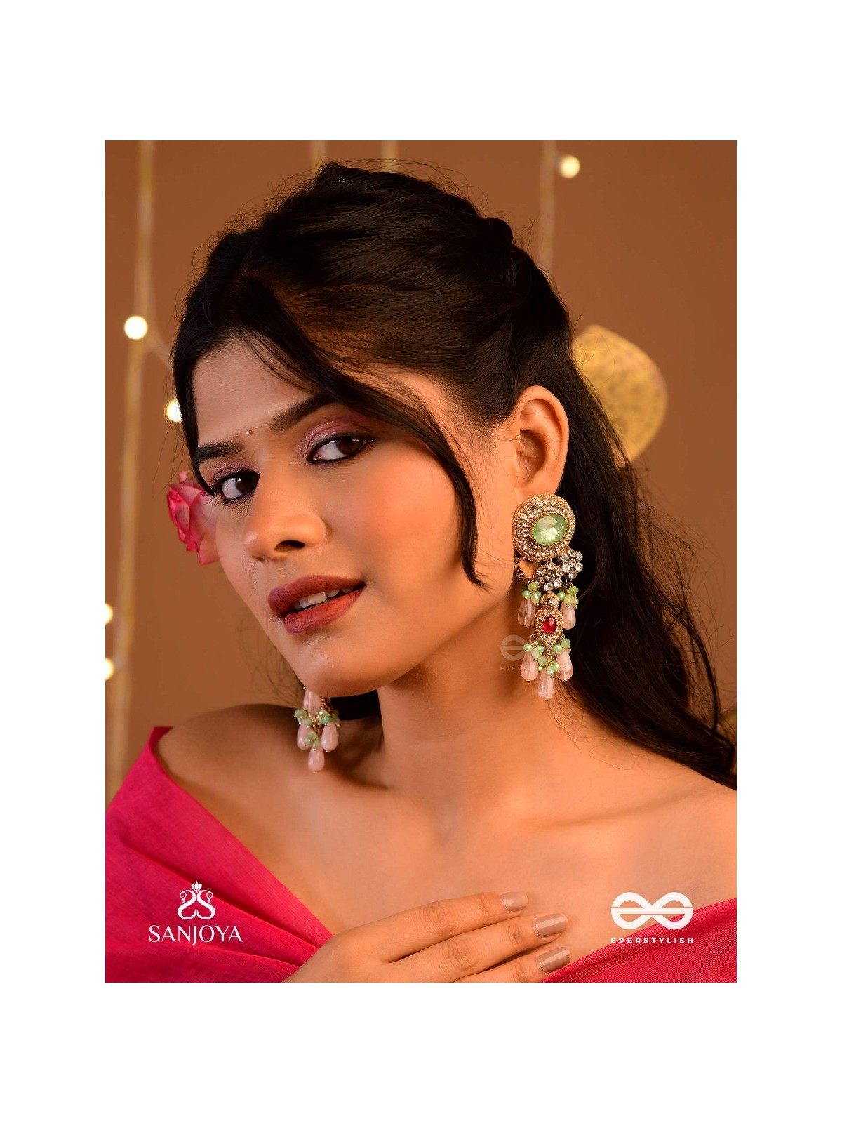 PANKHURI DHARA – SUHANA KHAN INSPIRED EARRINGS FEATURING CASCADING PINK BEADS AND SPARKLING GEMSTONES