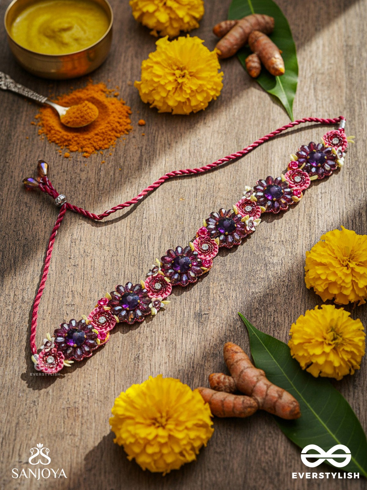 VARNAMALA ABHUSHANA - ADORNMENT OF COLORS - HEADBAND WITH GEMSTONES AND BEADS IN FLORAL PATTERNS