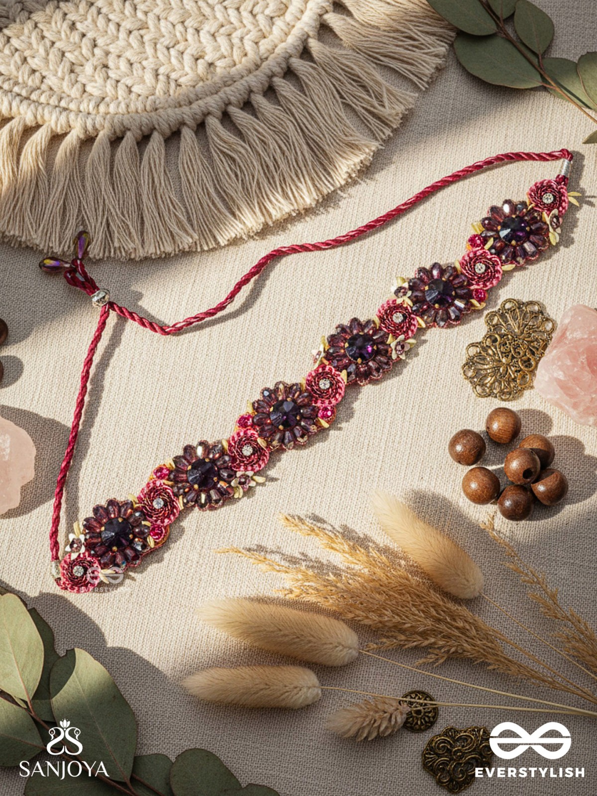 VARNAMALA ABHUSHANA - ADORNMENT OF COLORS - HEADBAND WITH GEMSTONES AND BEADS IN FLORAL PATTERNS