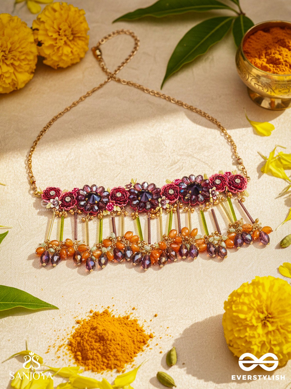 VARNAMALA ABHUSHANA - ADORNMENT OF COLORS - FLORAL MOTIFS, BEADWORK, GLASS DROPS WITH GOLDEN DETAILING CHOKER NECKPIECE