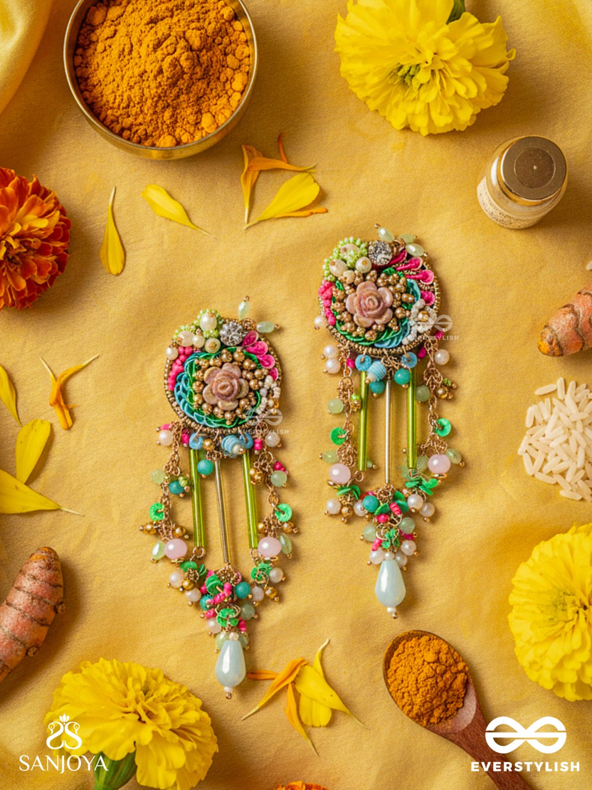 MANJUSUMANA - BEAUTIFUL BLOSSOM - PASTEL COLOR BEADS  AND DETAIL WORK WITH GOLDEN EMBELLISHMENT EARRINGS
