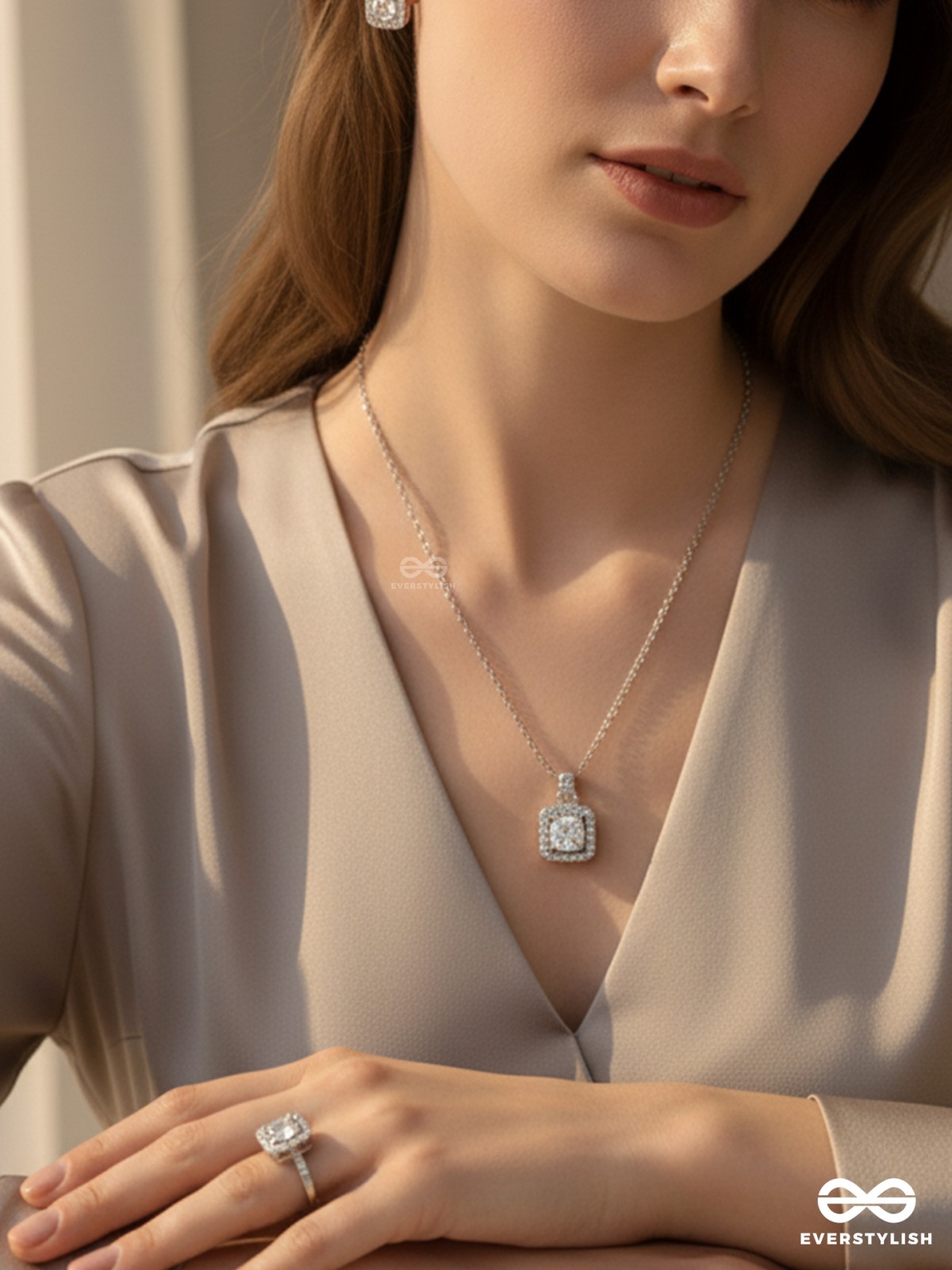 CELESTIAL GLEAM- MODERN GLAMOUR RHINESTONE SET WITH NECKPIECE, EARRINGS AND RING