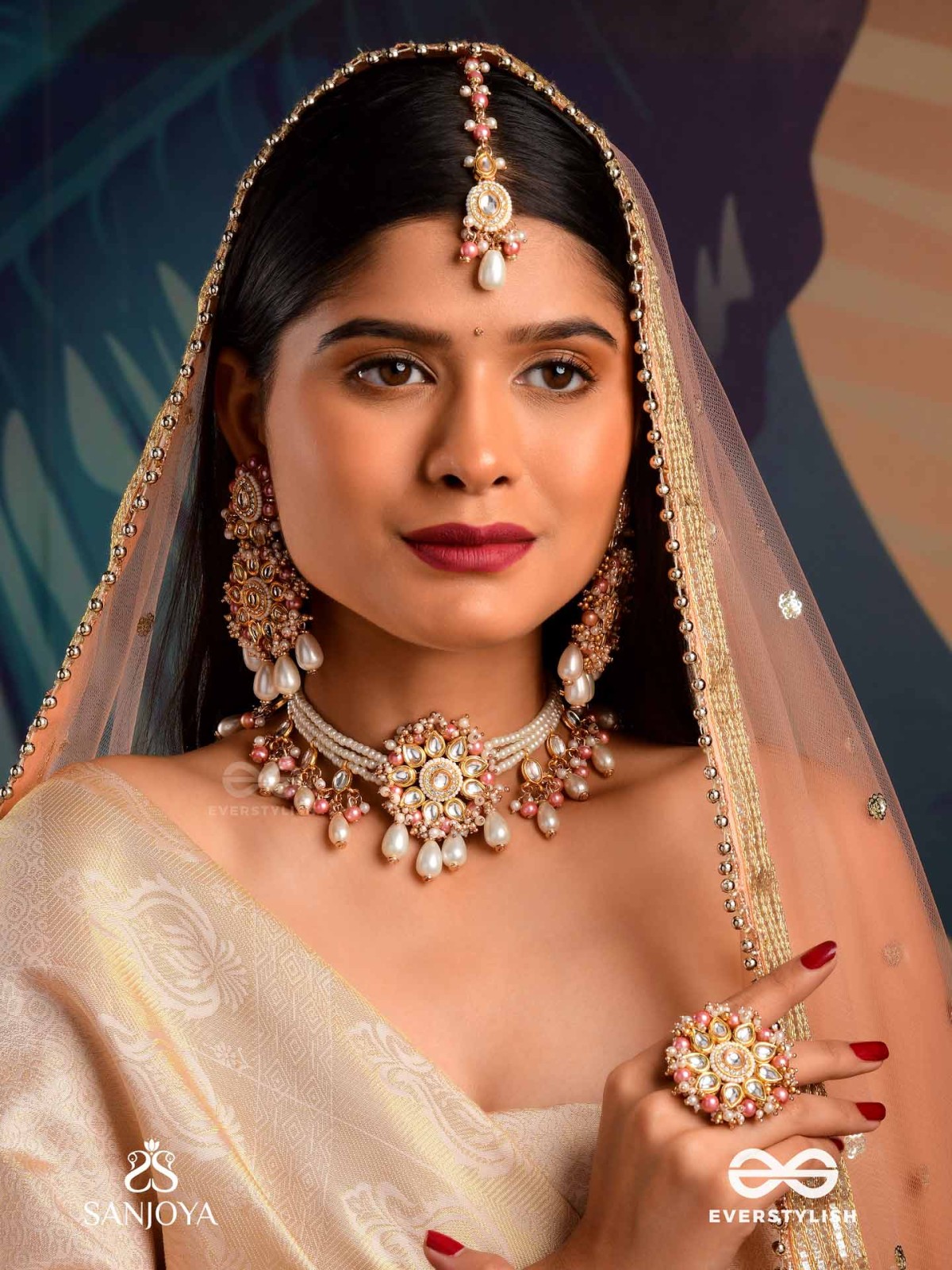 DIVYAMUKUTA - DIVINE ORNAMENT - PEARLS AND BEADS HAND EMBROIDERED MAANG TIKA (PINK & WHITE)