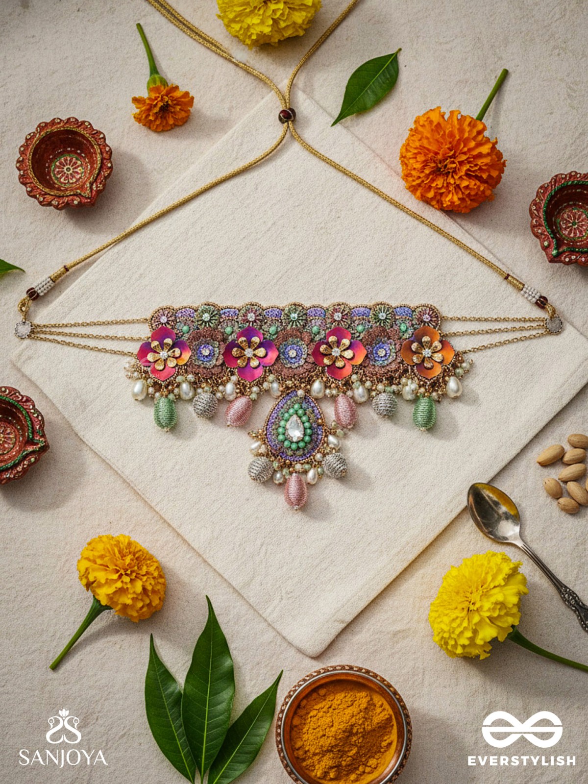 RANGOLIKA - A CANVAS OF COLORS - ENAMEL FLORALS, PEARLS AND BEADS HAND EMBROIDERD CHOKER NECKLACE