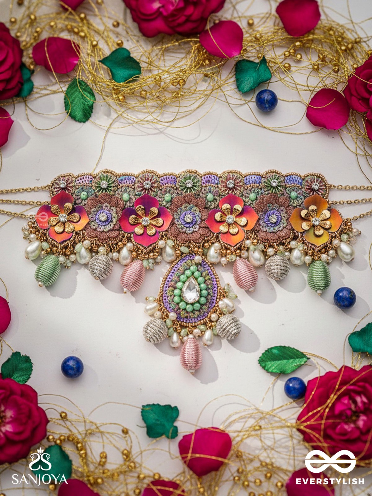 RANGOLIKA - A CANVAS OF COLORS - ENAMEL FLORALS, PEARLS AND BEADS HAND EMBROIDERD CHOKER NECKLACE
