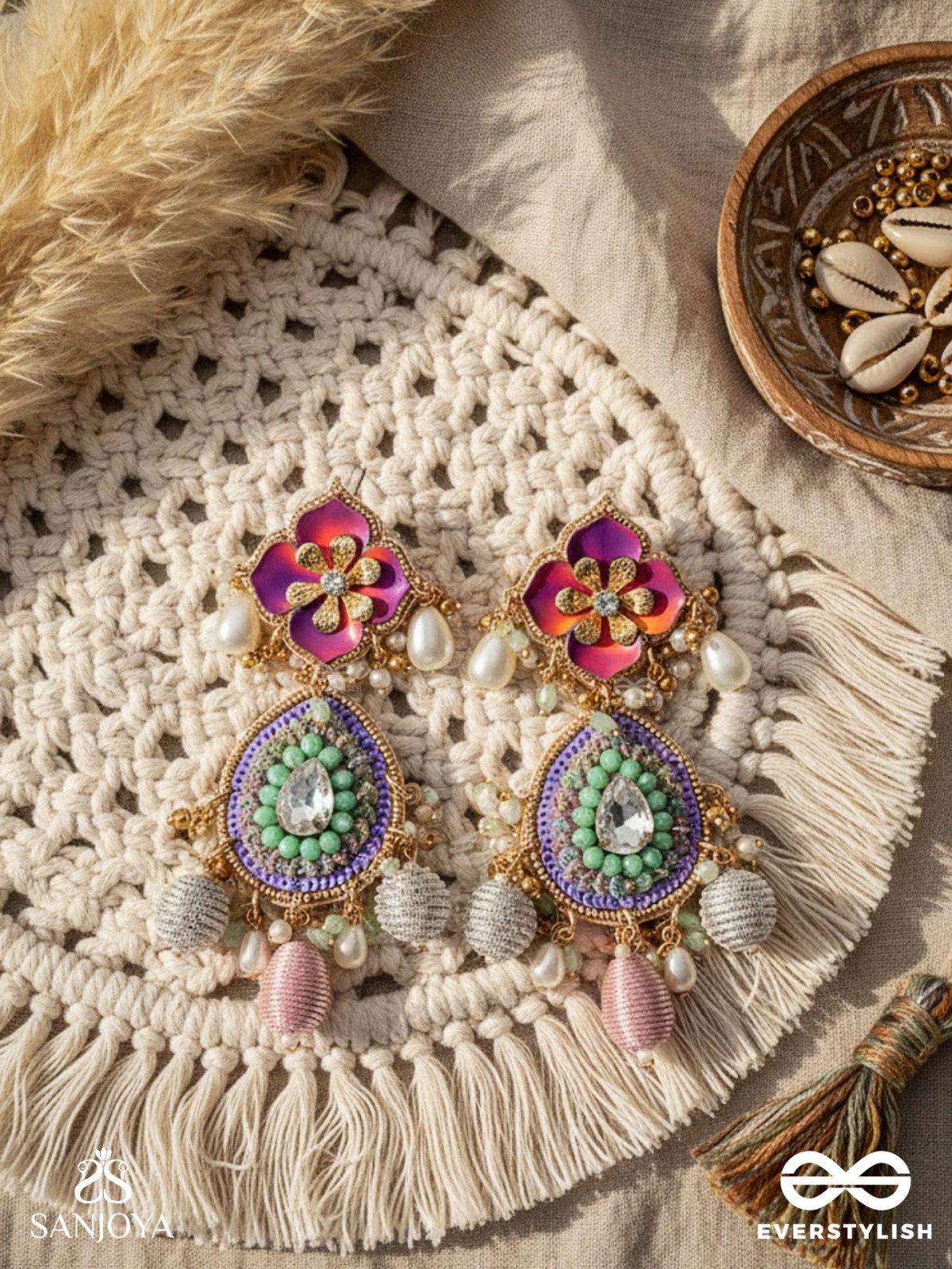 RANGOLIKA - A CANVAS OF COLORS - ENAMEL FLOWERS, BEADS AND PEARLS  HAND EMBROIDERD EARRINGS 