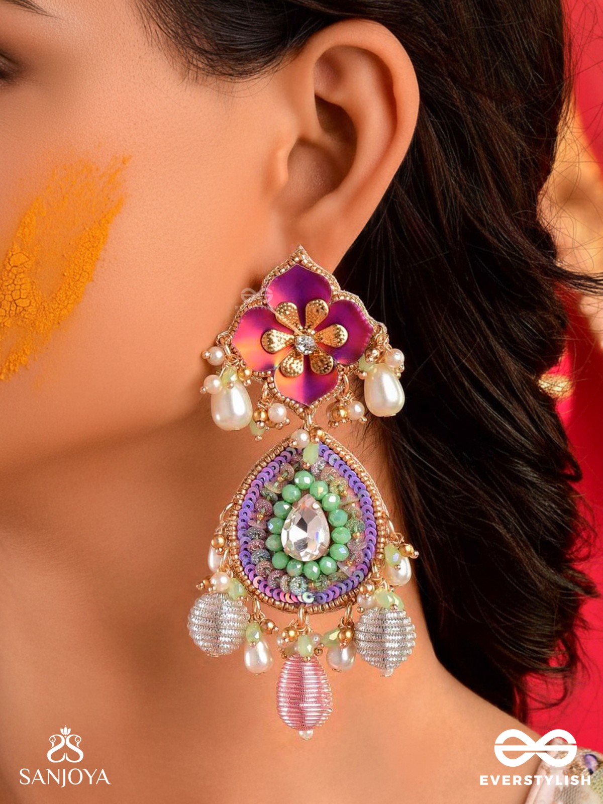 RANGOLIKA - A CANVAS OF COLORS - ENAMEL FLOWERS, BEADS AND PEARLS  HAND EMBROIDERD EARRINGS 