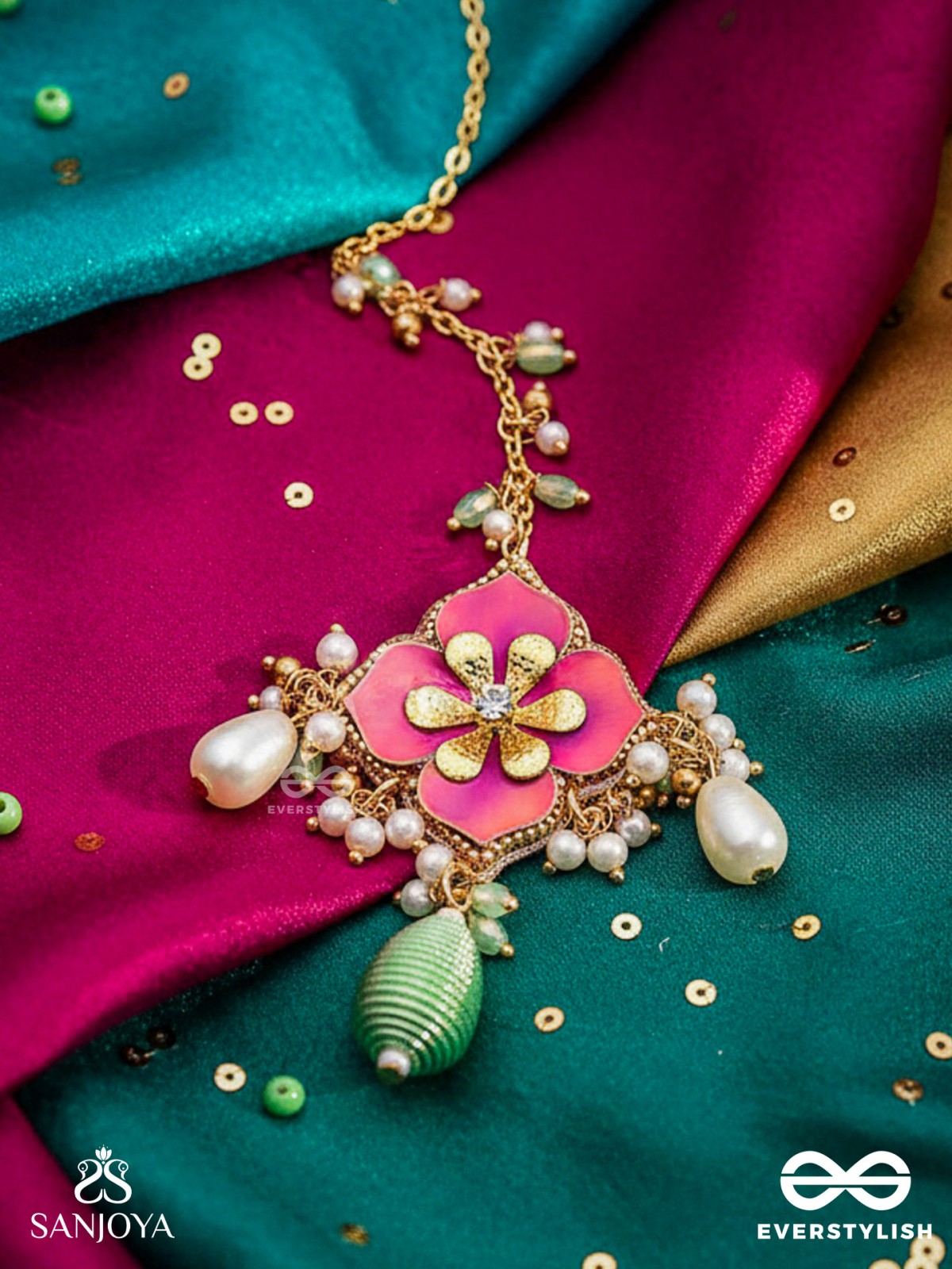 RANGOLIKA - A CANVAS OF COLORS - ENAMEL FLOWER, PEARLS AND GLASS DROPS  HAND EMBROIDERD MAANGTIKA 