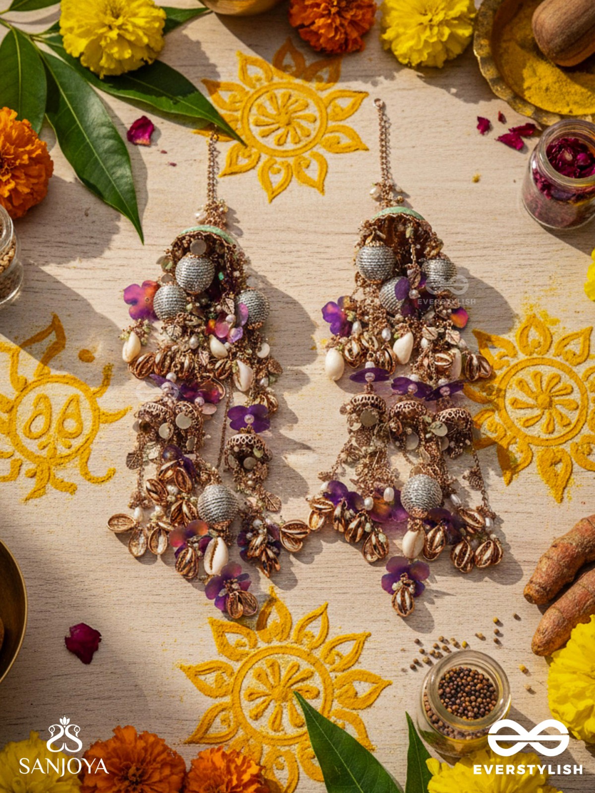 RANGOLIKA - A CANVAS OF COLORS - FLORAL INSPIRED METALLIC CHAINS WITH VIBRANT BEADS AND SHELLS  HAND EMBROIDERD KALEERE 