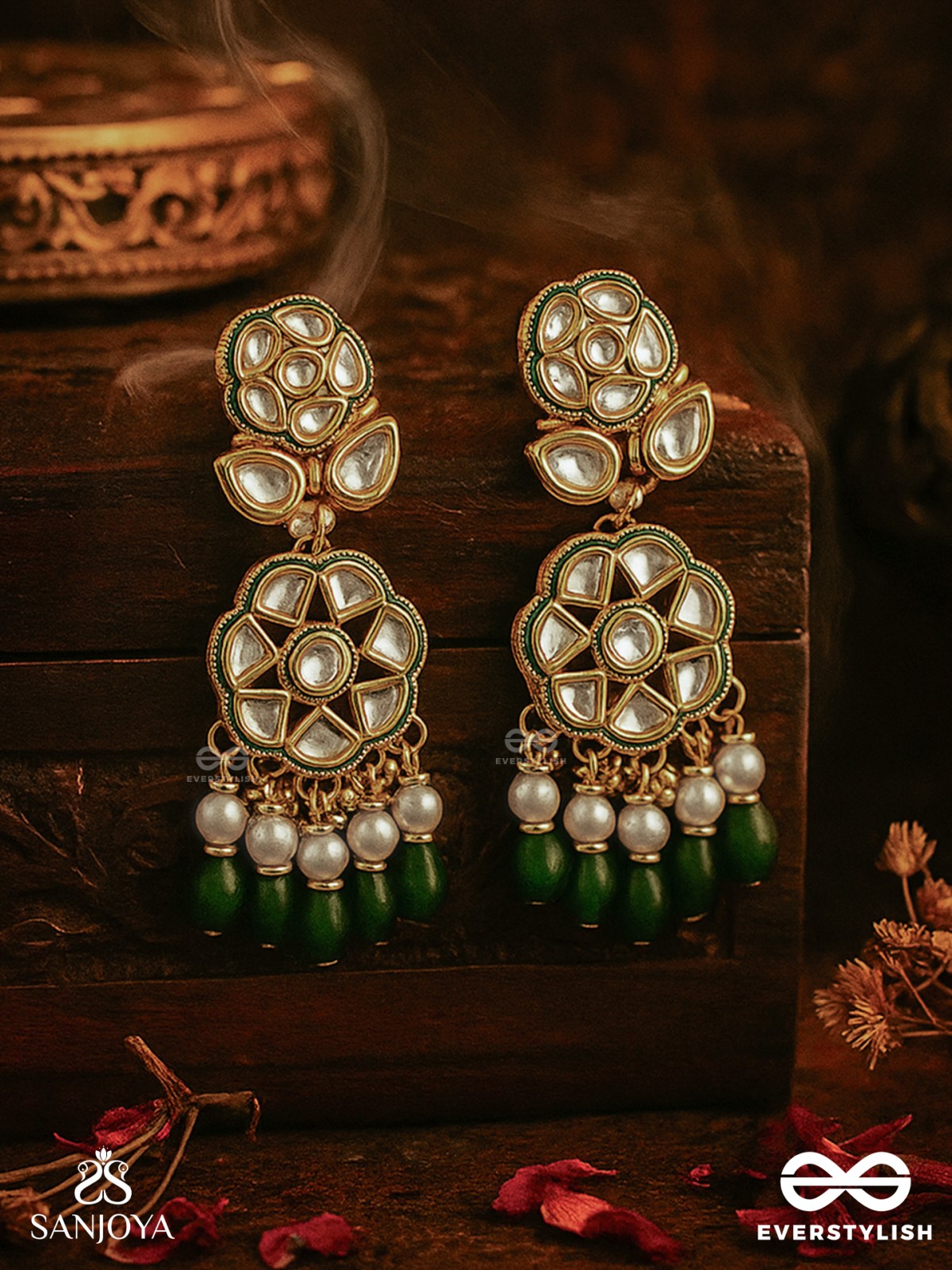 PARNAPRIYA - LOVER OF LEAVES - FLORAL KUNDAN DESIGN WITH GREEN BEADS AND PEARL DROPS  HAND EMBROIDERD EARRINGS 