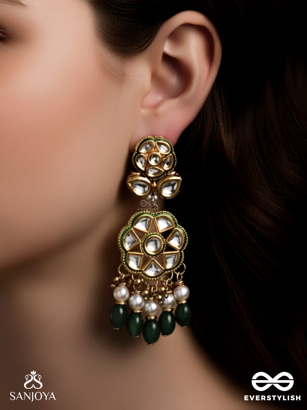 PARNAPRIYA - LOVER OF LEAVES - FLORAL KUNDAN DESIGN WITH GREEN BEADS AND PEARL DROPS  HAND EMBROIDERD EARRINGS 