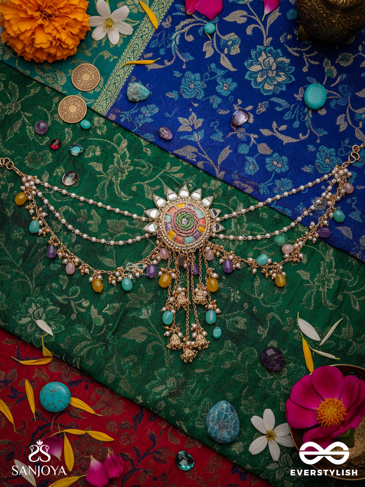 RANGVATI - FULL OF COLORS - EMBROIDERED MIRROR WORK HAIR ACCESSORY WITH MULTI-COLORED BEADS AND GOLDEN CHAINS