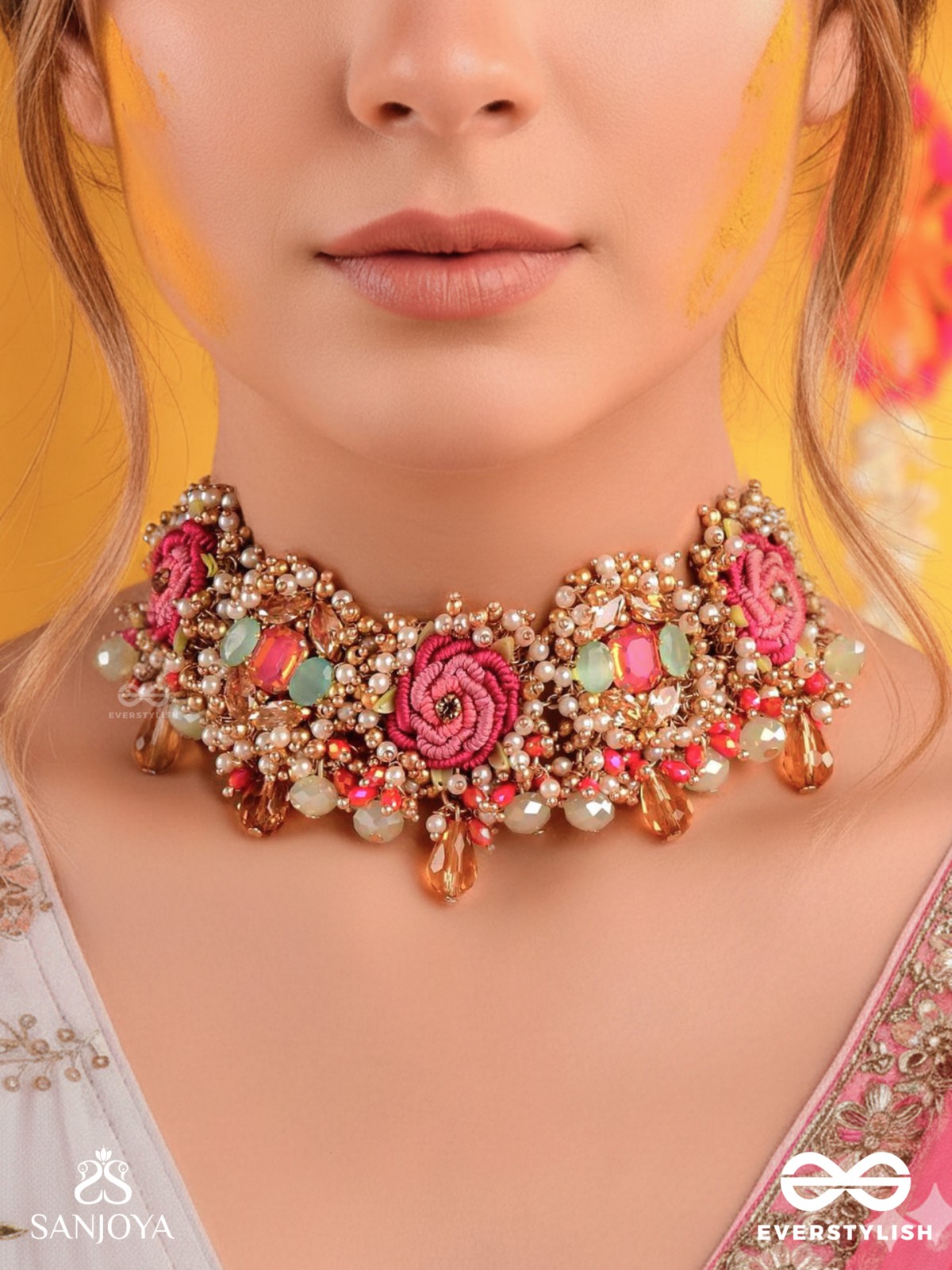 GULRATNA - JEWEL OF ROSES - HANDCRAFTED ROSE CHOKER WITH BEADED FRINGES, PEARLS AND GEM DETAILS