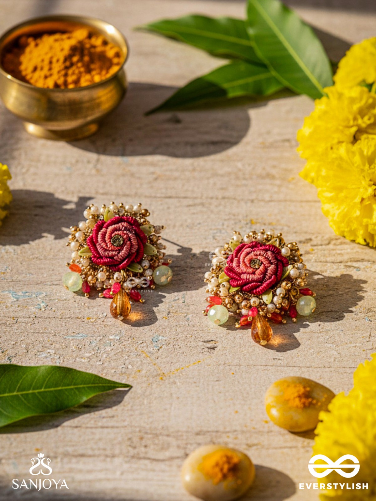 GULRATNA - JEWEL OF ROSES - HANDCRAFTED ROSE EARRINGS WITH BEADED FRINGES, PEARLS AND GEM DETAILS