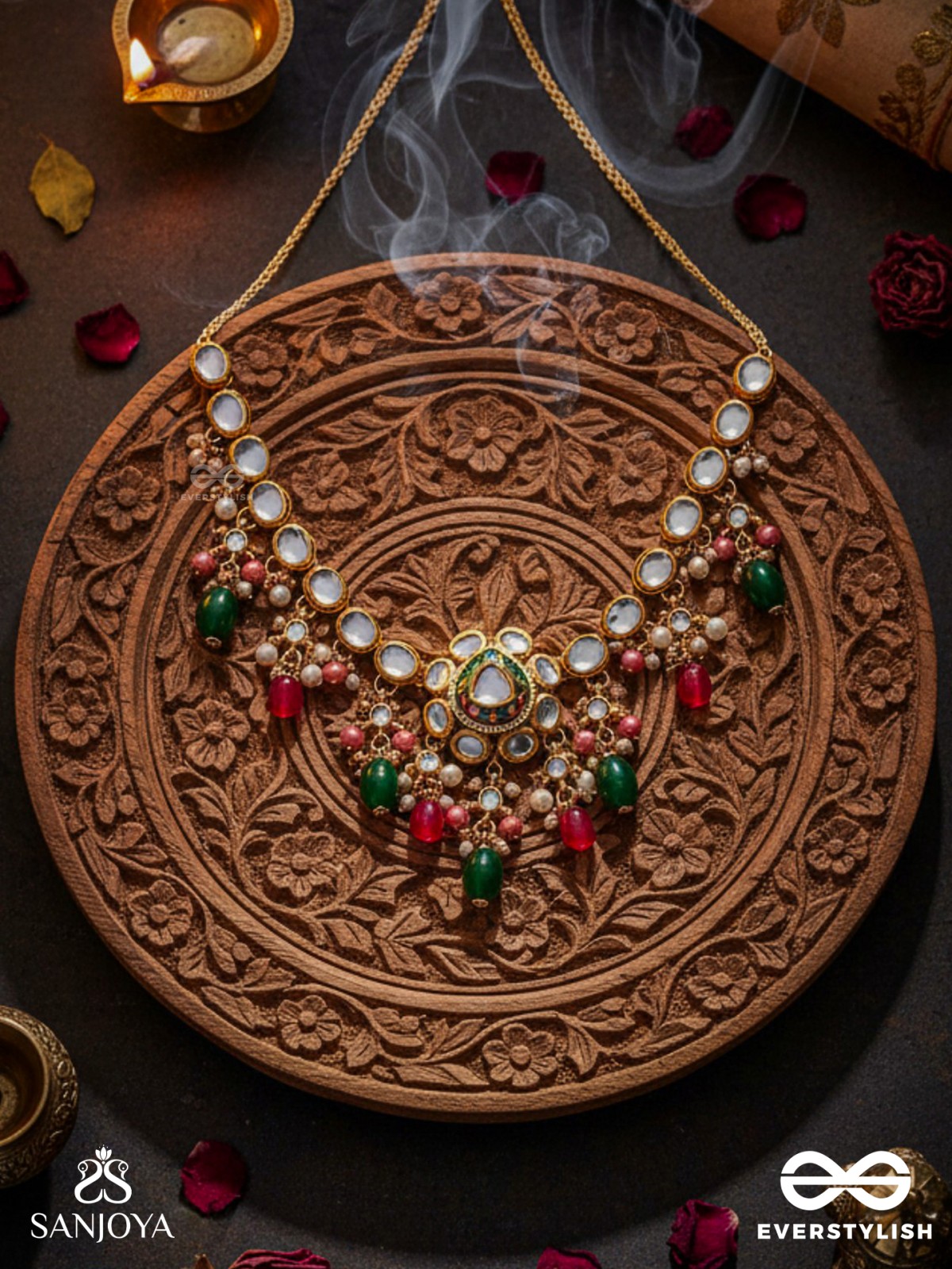 KIRANMALA – GARLAND OF RAYS- EXQUISITE ENAMELLED KUNDAN NECKLACE WITH MULTICOLORED DROPS AND PEARLS