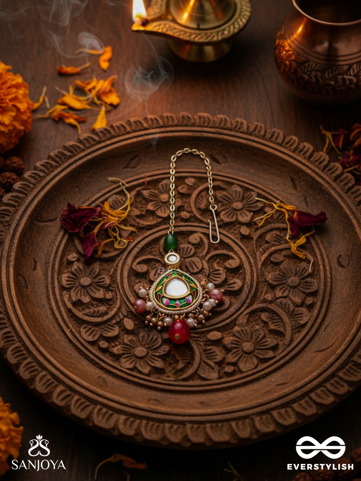 KIRANMALA – GARLAND OF RAYS- EXQUISITE ENAMELLED KUNDAN MAANGTIKA WITH MULTICOLORED DROPS AND PEARLS