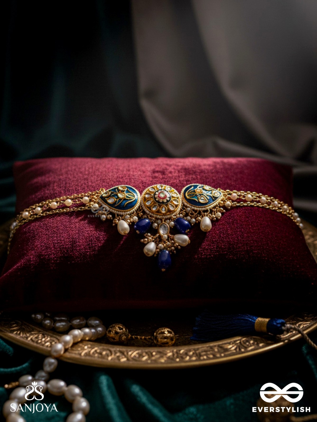 NILACHANDRIKA- MOONLIGHT OF THE BLUE SKY- KUNDAN NECKLACE WITH DEEP BLUE ENAMEL WORK WITH GOLDEN DETAILS, PEARLS, AND DAZZLING GEMS