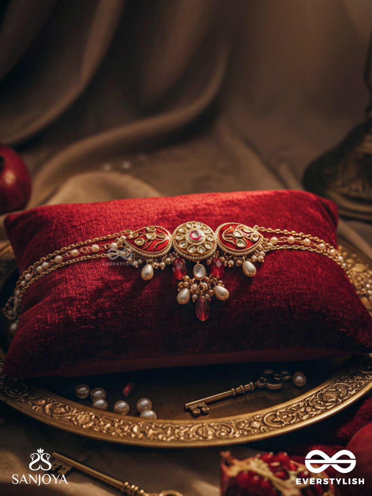 ARUNAMUKHI- FACE OF THE RED SUN- GLORIOUS KUNDAN NECKLACE WITH RED ENAMEL DETAILS AND PEARL EMBELLISHMENTS 
