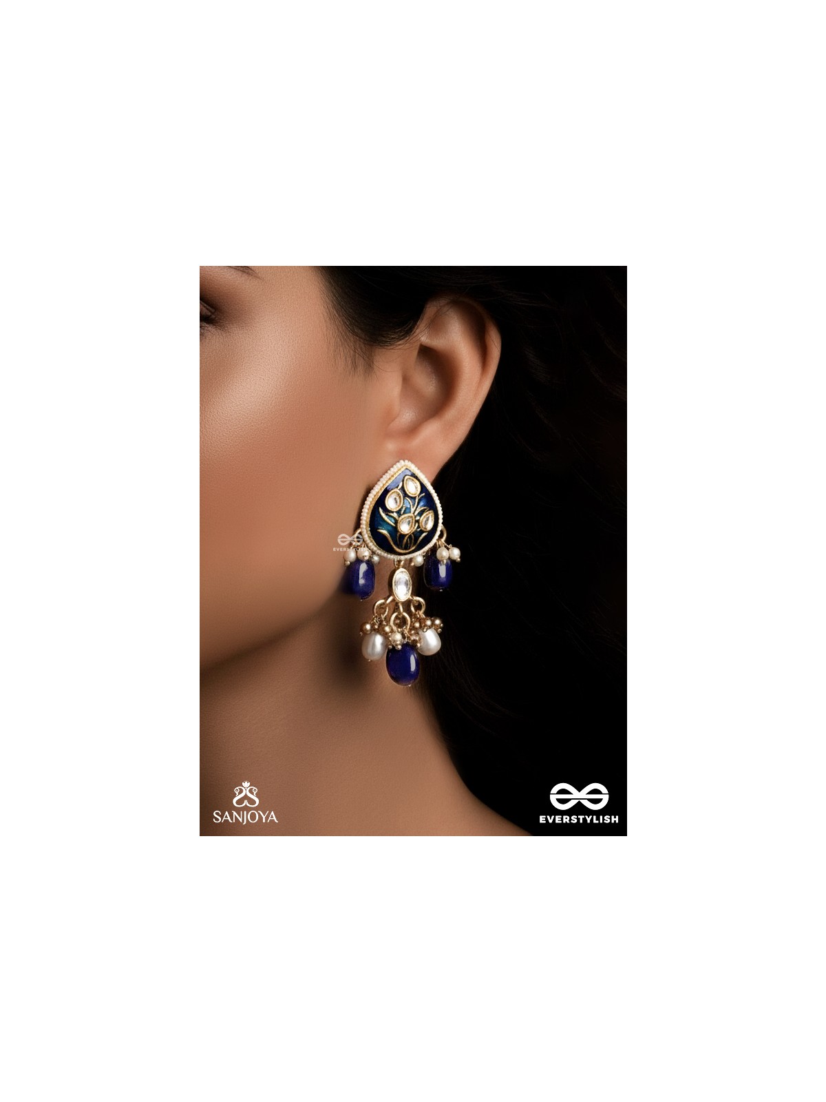 NILACHANDRIKA- MOONLIGHT OF THE BLUE SKY- KUNDAN EARRINGS WITH DEEP BLUE ENAMEL WORK WITH GOLDEN DETAILS, PEARLS, AND DAZZLING GEMS