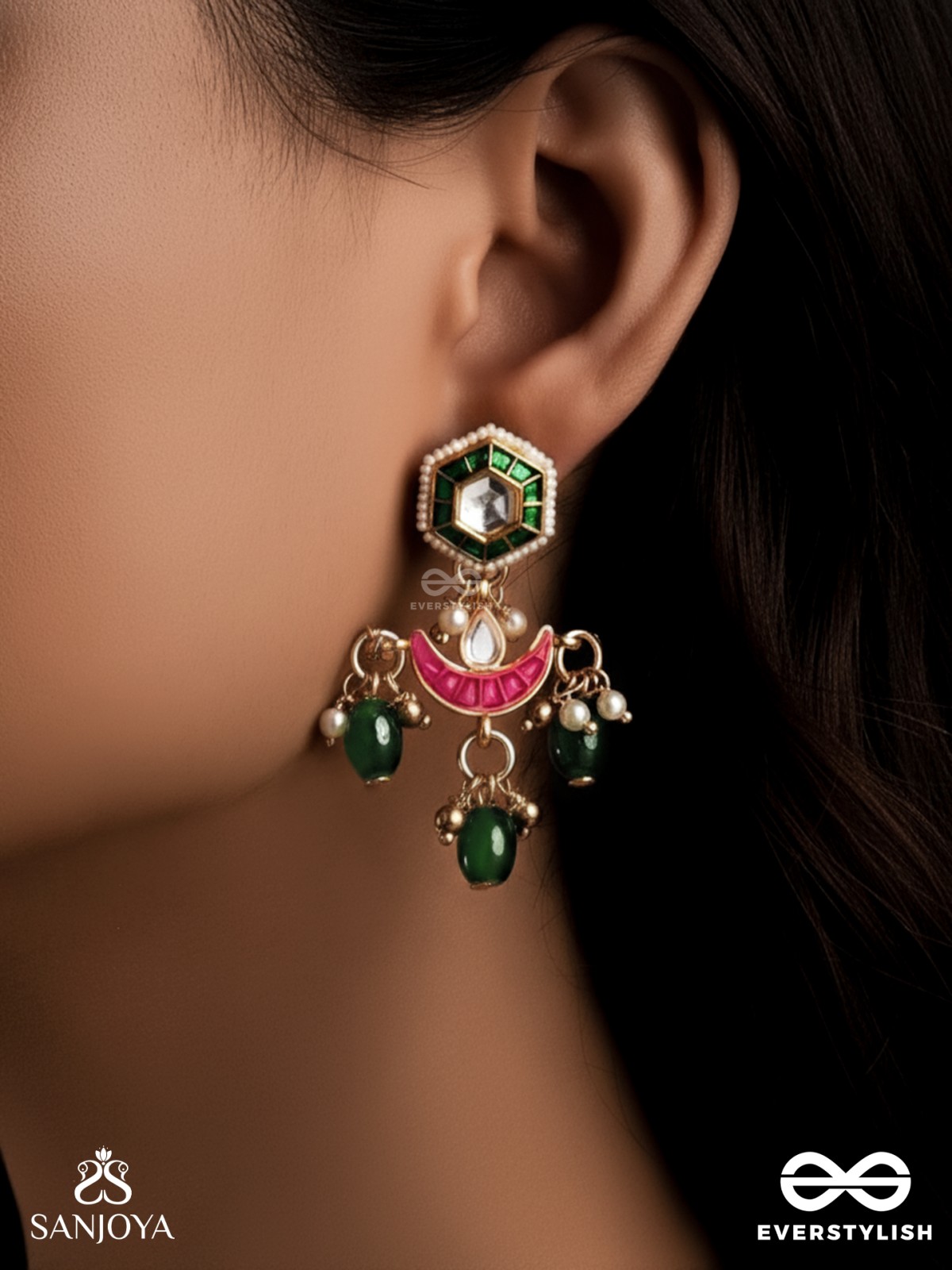 SHASHIRATNA- JEWEL OF THE MOON- KUNDAN EARRINGS INSPIRED BY THE MOON’S RADIANCE WITH PEARLS AND  GREEN DROPS