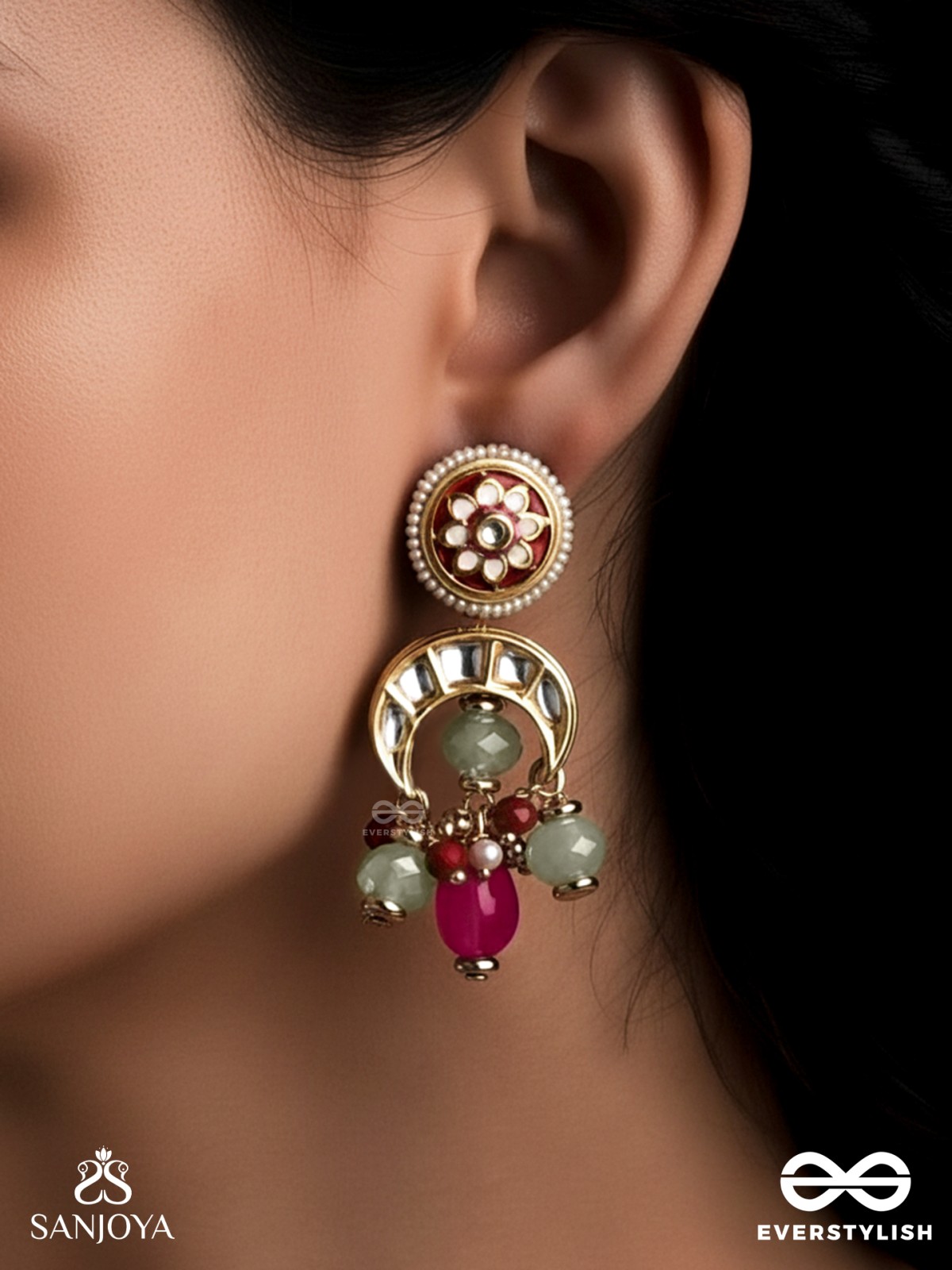 SHONAPRABHA- RADIANCE OF GOLD AND RED- HANDCRAFTED KUNDAN EARRINGS  WITH GOLDEN MOONS AND RED BEADS