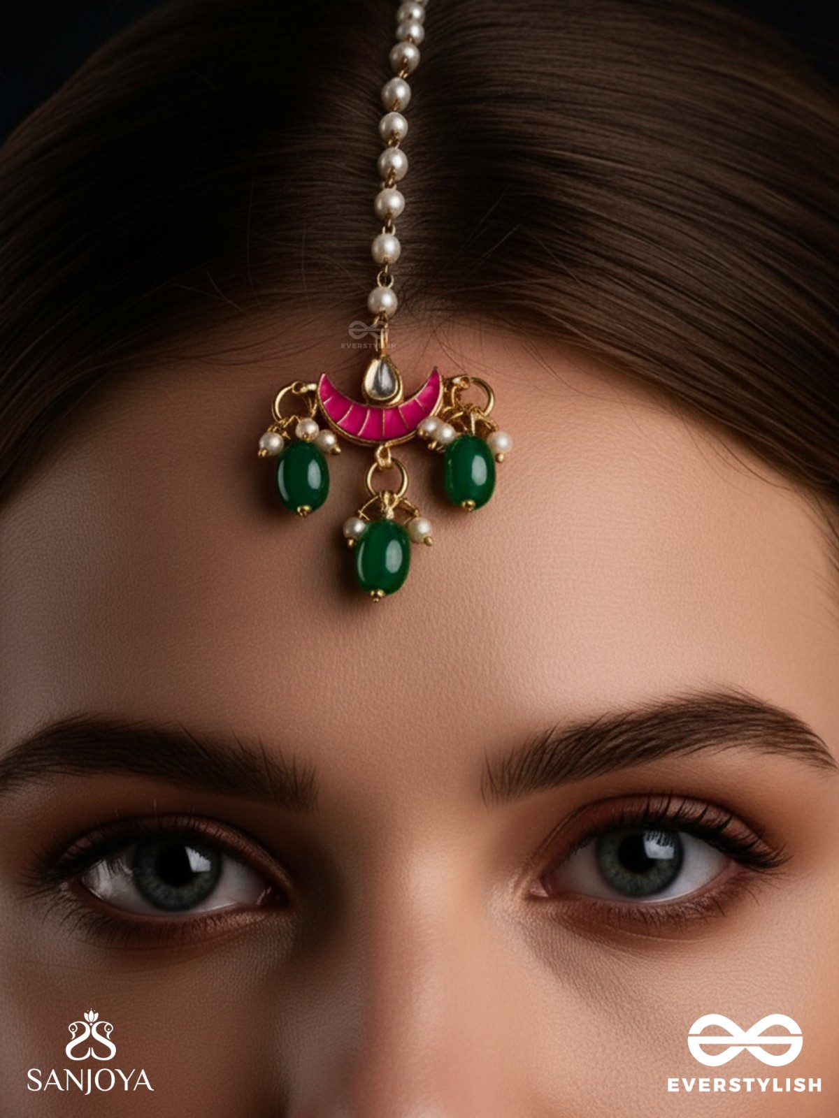 SHASHIRATNA- JEWEL OF THE MOON- KUNDAN MAANGTIKA INSPIRED BY THE MOON’S RADIANCE WITH PEARLS AND  GREEN DROPS