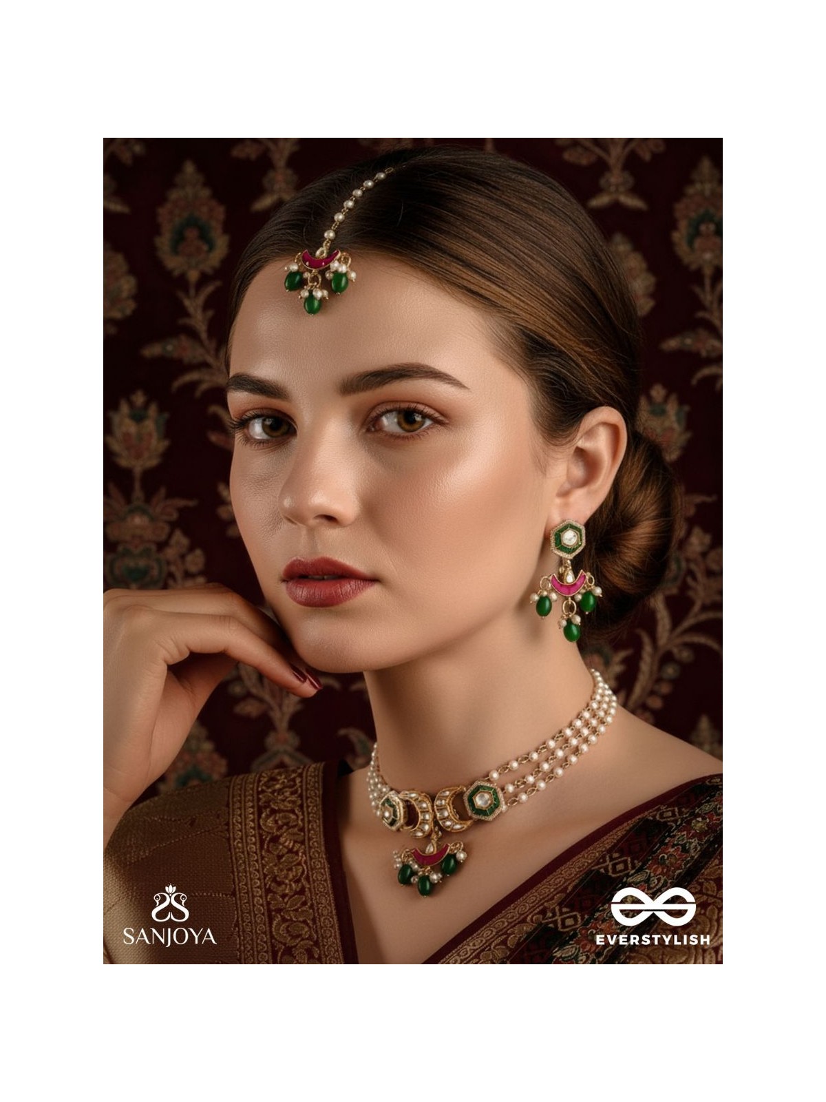 SHASHIRATNA- JEWEL OF THE MOON - HANDMADE KUNDAN SET WITH NECKLACE, EARRINGS AND MAANGTIKA