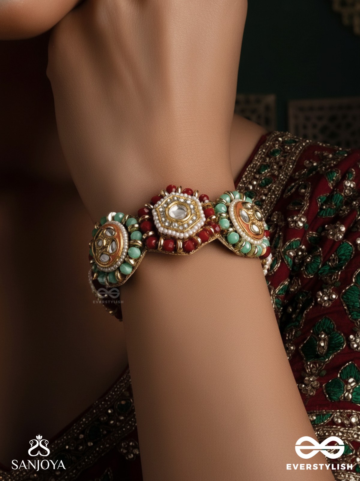 VIBHAVARI - NIGHT FULL OF SPLENDOR - MULTI-COLOR ENAMELLED KUNDAN BRACELET WITH PEARLS AND BEADS