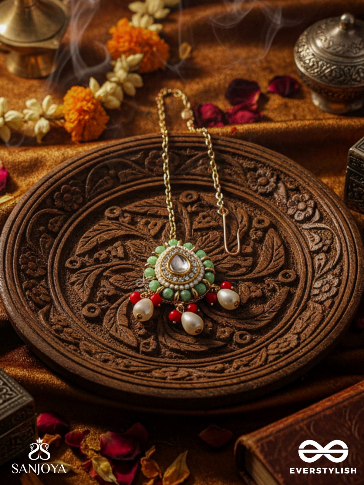 VIBHAVARI - NIGHT FULL OF SPLENDOR - MULTI-COLOR ENAMELLED KUNDAN MAANGTIKA WITH PEARLS AND BEADS