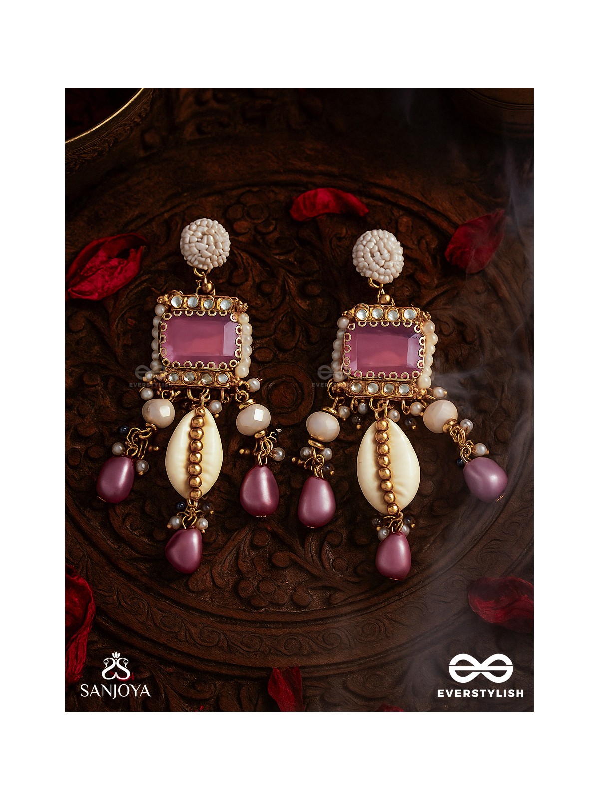 MANOHARA - CHARMING BEAUTY- ROYAL KUNDAN EARRINGS WITH PEARL STRINGS, SHELLS AND PINK GEM EMBELLISHMENTS