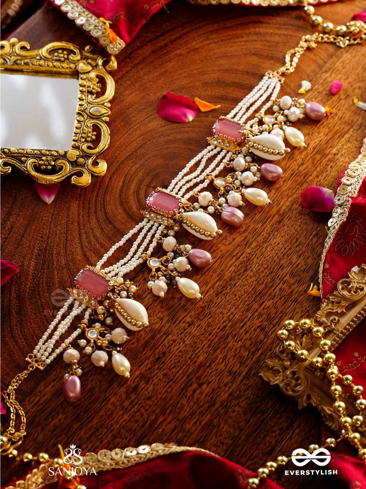 MANOHARA - CHARMING BEAUTY- ROYAL KUNDAN NECKLACE WITH PEARL STRINGS, SHELLS AND PINK GEM EMBELLISHMENTS