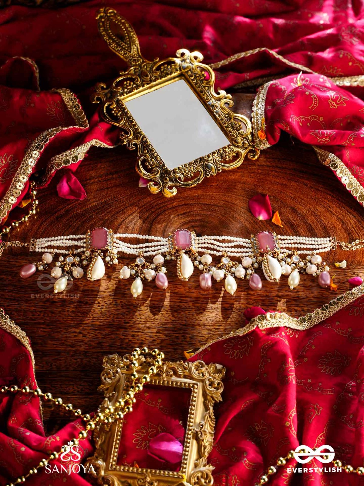 MANOHARA - CHARMING BEAUTY- ROYAL KUNDAN NECKLACE WITH PEARL STRINGS, SHELLS AND PINK GEM EMBELLISHMENTS