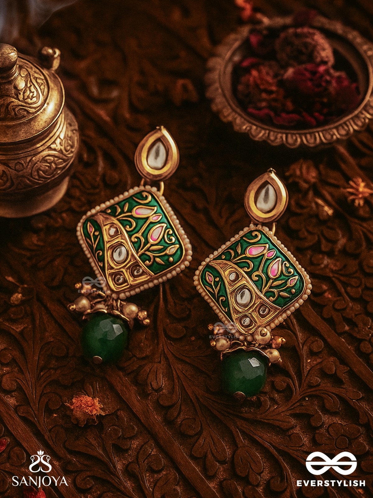 VANASHREE - QUEEN OF THE FOREST- MESMERIZING EARRINGS WITH VIBRANT GREEN AND GOLDEN ACCENTS, ADORNED WITH KUNDAN AND PEARLS