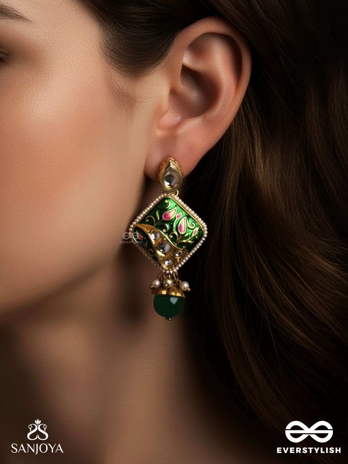 VANASHREE - QUEEN OF THE FOREST- MESMERIZING EARRINGS WITH VIBRANT GREEN AND GOLDEN ACCENTS, ADORNED WITH KUNDAN AND PEARLS