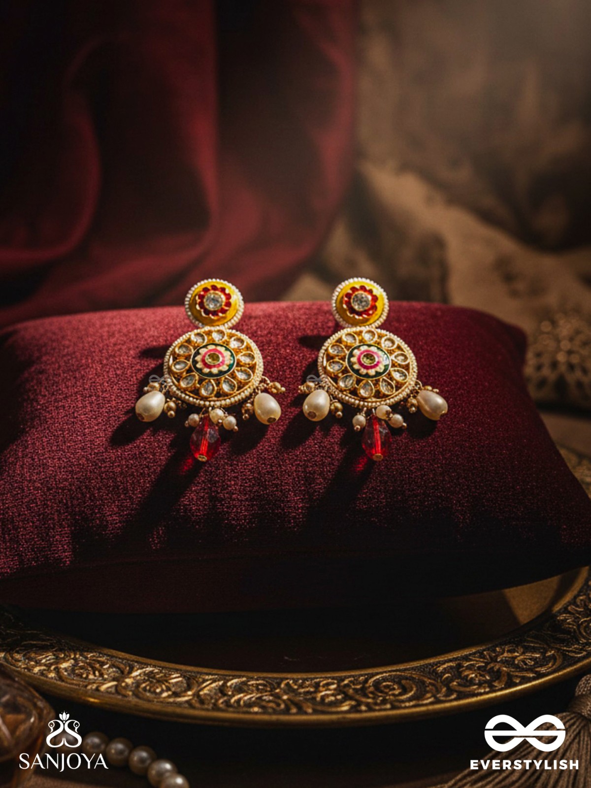 DIVYANJALI - DIVINE OFFERING-  KUNDAN, PEARLS, AND RED STONES HANDMADE EARRINGS
