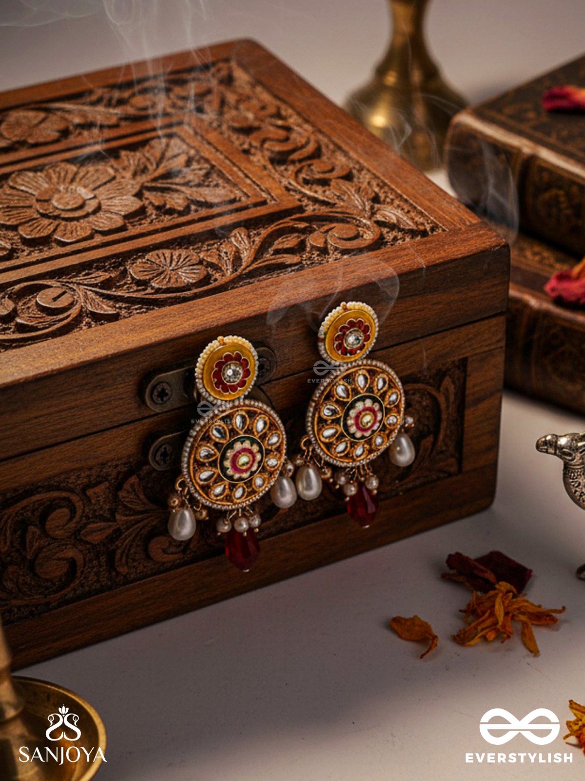 DIVYANJALI - DIVINE OFFERING-  KUNDAN, PEARLS, AND RED STONES HANDMADE EARRINGS