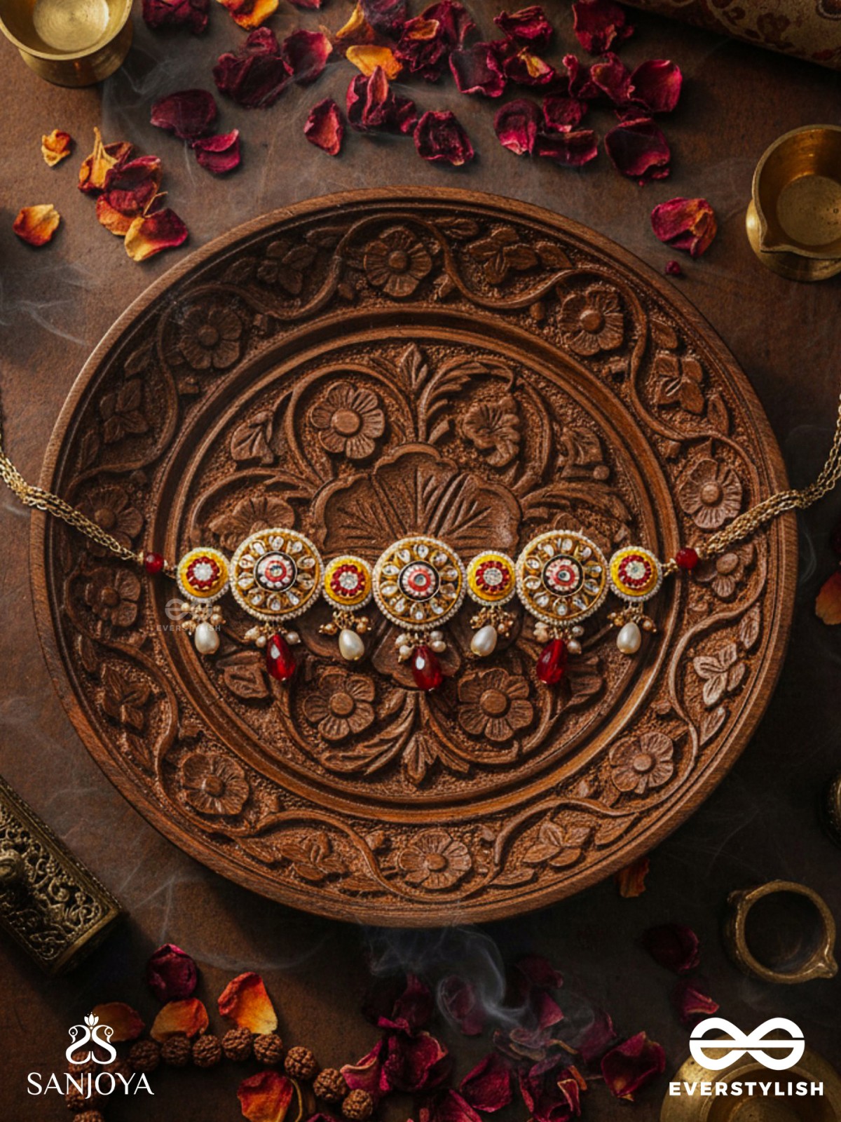 DIVYANJALI - DIVINE OFFERING-  KUNDAN, PEARLS, AND RED STONES HANDMADE NECKLACE