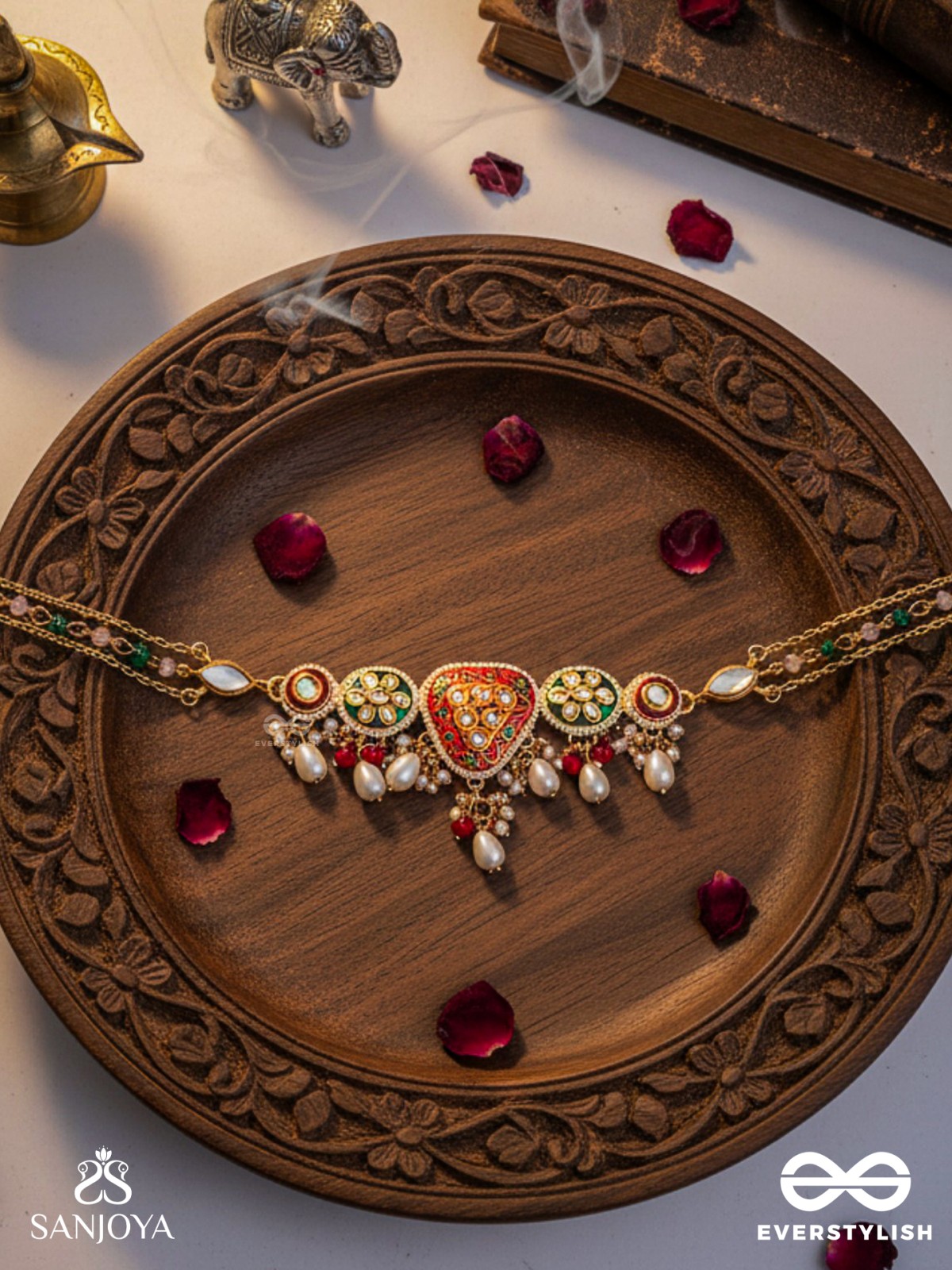 SUNDARIKA - BEAUTIFUL ONE - INTRICATE KUNDAN NECKLACE WITH ENAMEL WORK AND PEARL DROPS