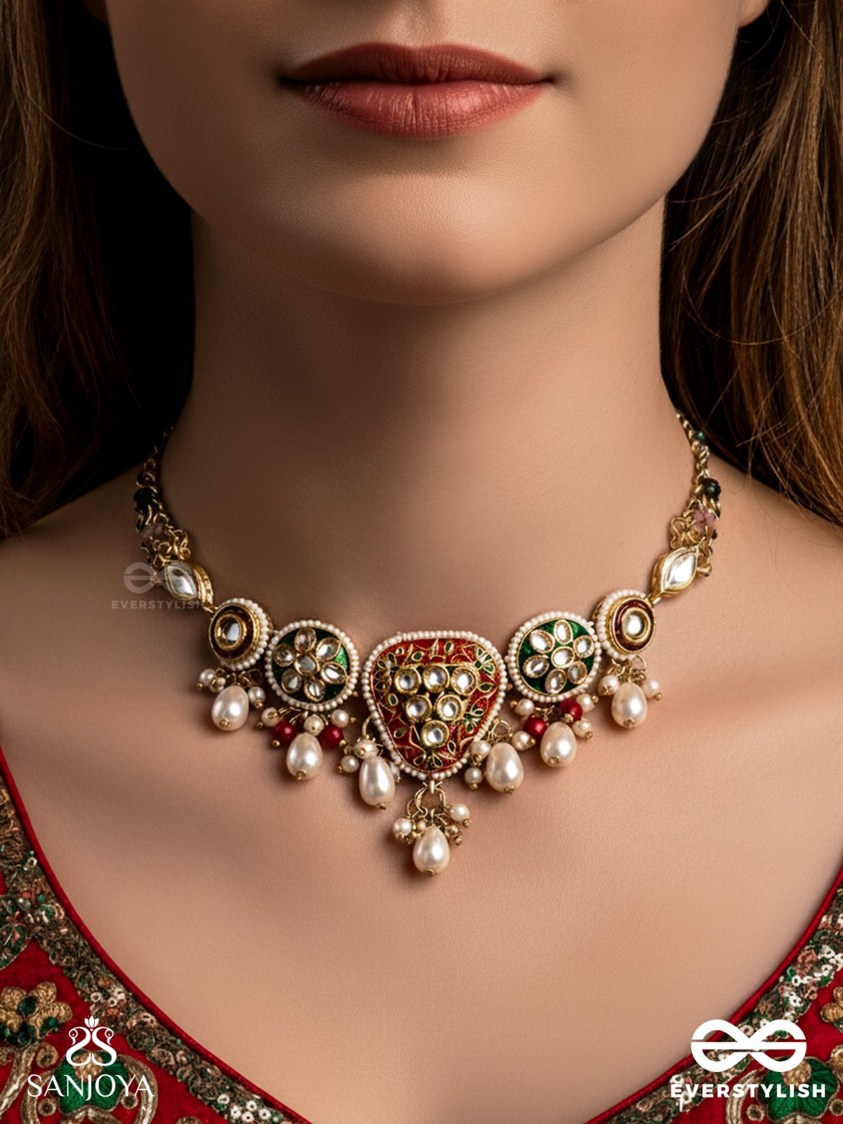 SUNDARIKA - BEAUTIFUL ONE - INTRICATE KUNDAN NECKLACE WITH ENAMEL WORK AND PEARL DROPS