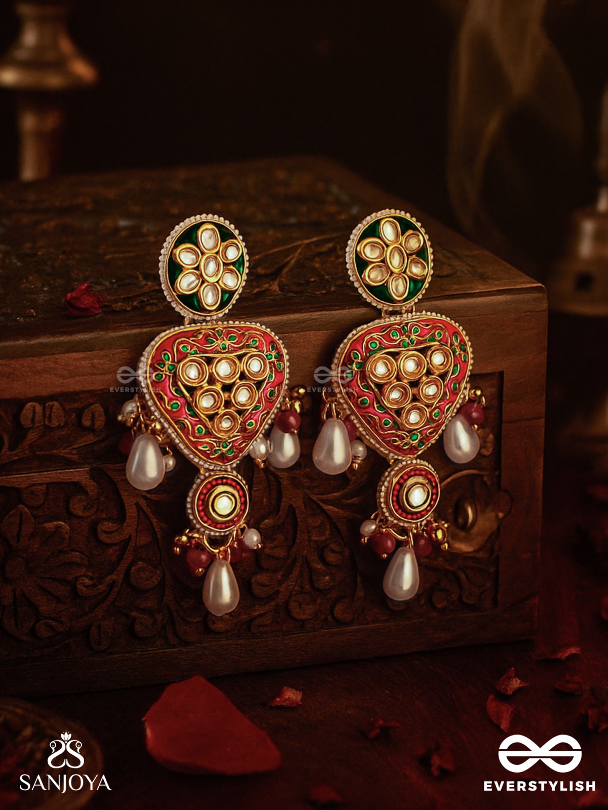 SUNDARIKA - BEAUTIFUL ONE - INTRICATE KUNDAN EARRINGS WITH ENAMEL WORK AND PEARL DROPS