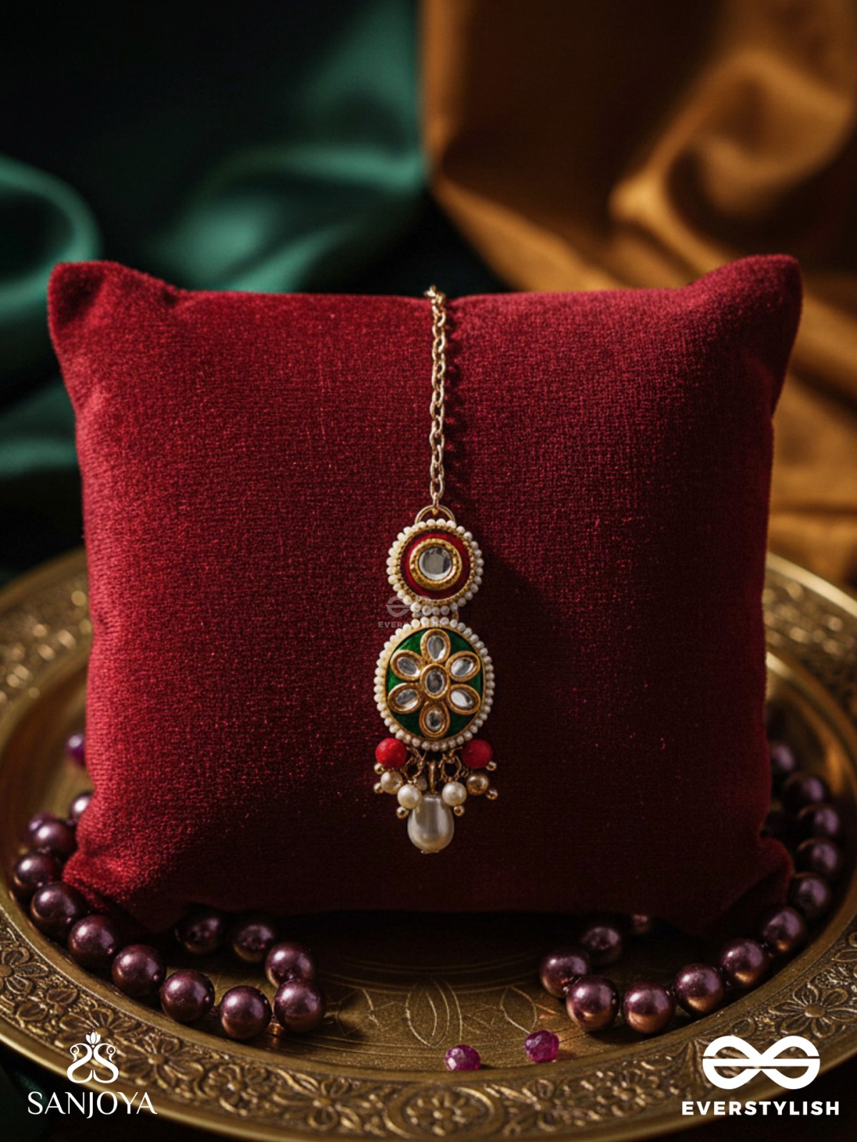 UNDARIKA - BEAUTIFUL ONE - INTRICATE KUNDAN MAANGTIKA WITH ENAMEL WORK AND PEARL DROPS