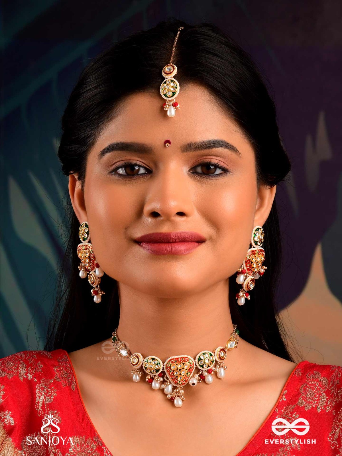 UNDARIKA - BEAUTIFUL ONE - INTRICATE KUNDAN MAANGTIKA WITH ENAMEL WORK AND PEARL DROPS