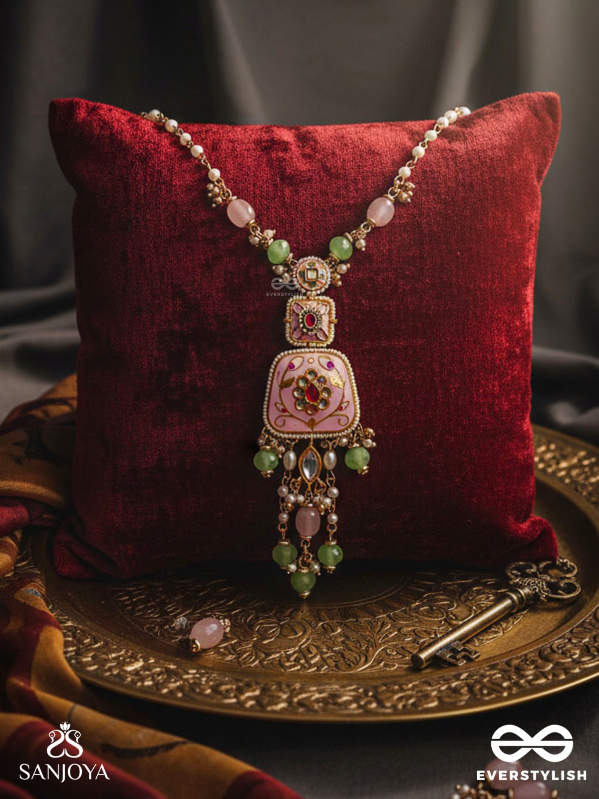 MADHUVRATA – SWEET AS SPRING BLOOM - GRACEFUL PINK ENAMELLED PENDANT NECKLACE WITH KUNDAN GREEN BEADS AND PEARL DROPS