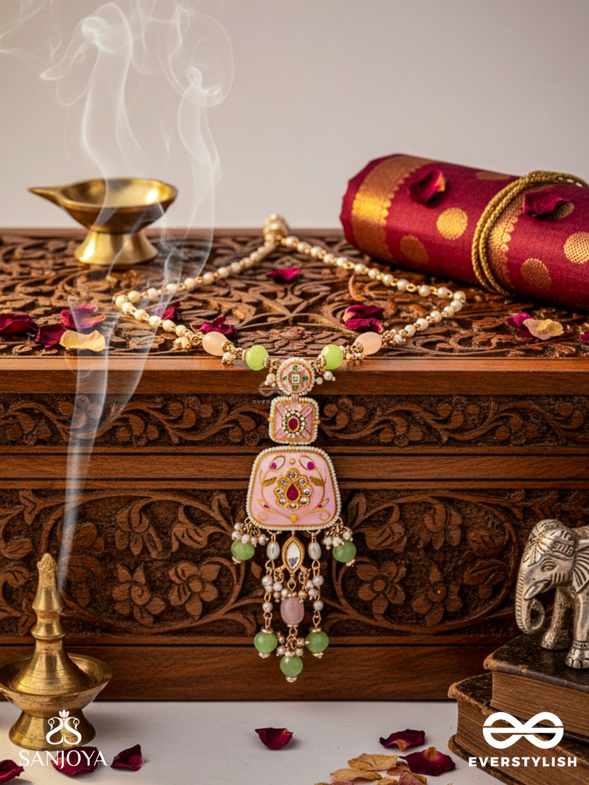 MADHUVRATA – SWEET AS SPRING BLOOM - GRACEFUL PINK ENAMELLED PENDANT NECKLACE WITH KUNDAN GREEN BEADS AND PEARL DROPS