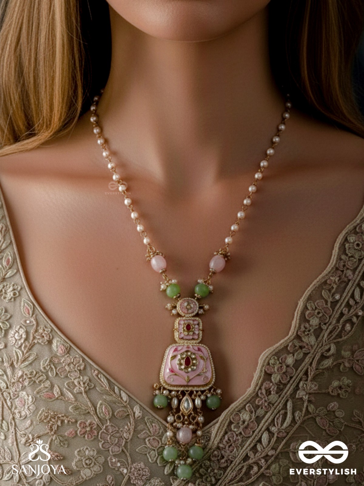MADHUVRATA – SWEET AS SPRING BLOOM - GRACEFUL PINK ENAMELLED PENDANT NECKLACE WITH KUNDAN GREEN BEADS AND PEARL DROPS