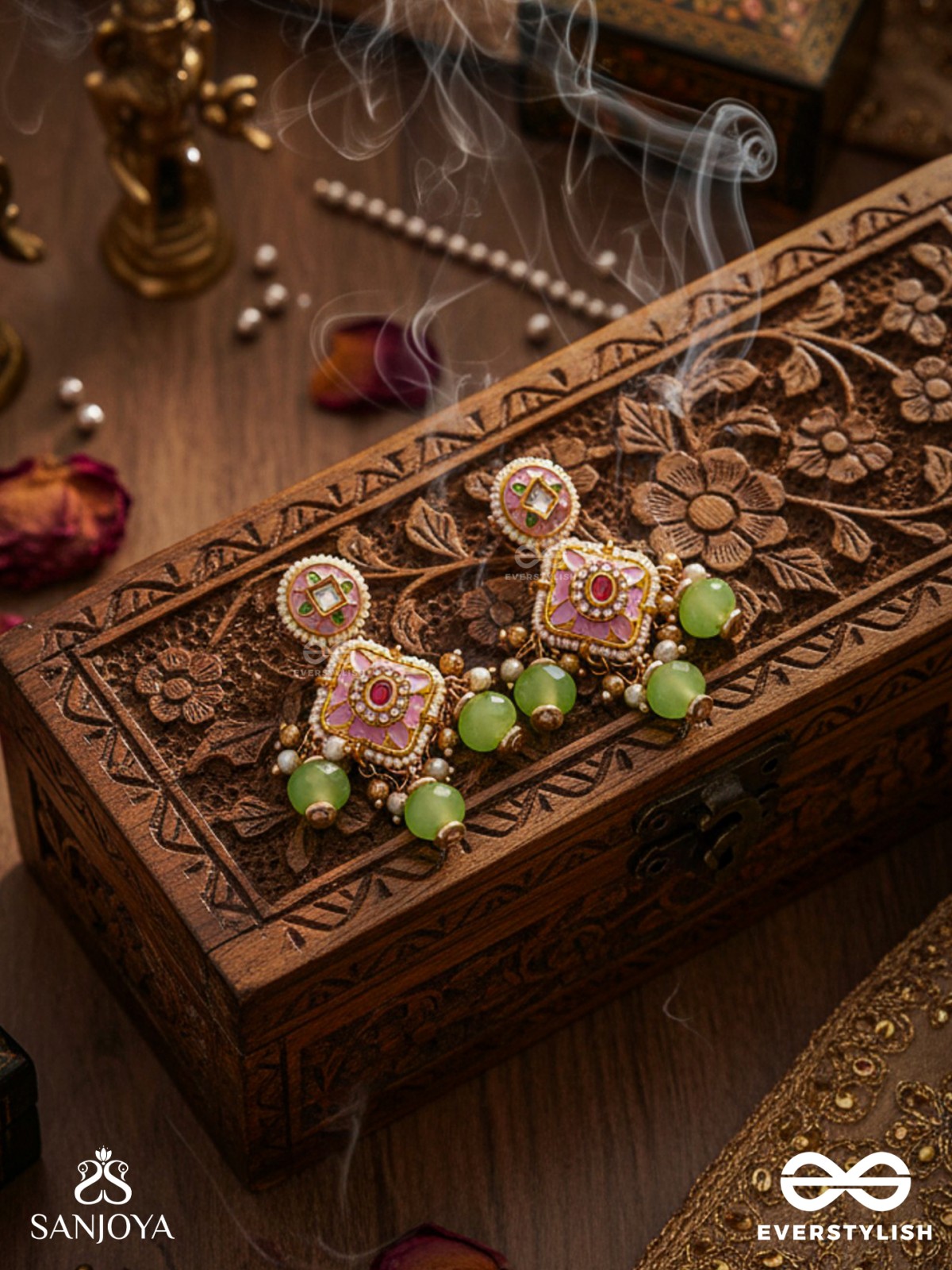 MADHUVRATA – SWEET AS SPRING BLOOM - GRACEFUL PINK ENAMELLED EARRINGS WITH KUNDAN GREEN BEADS AND PEARL DROPS