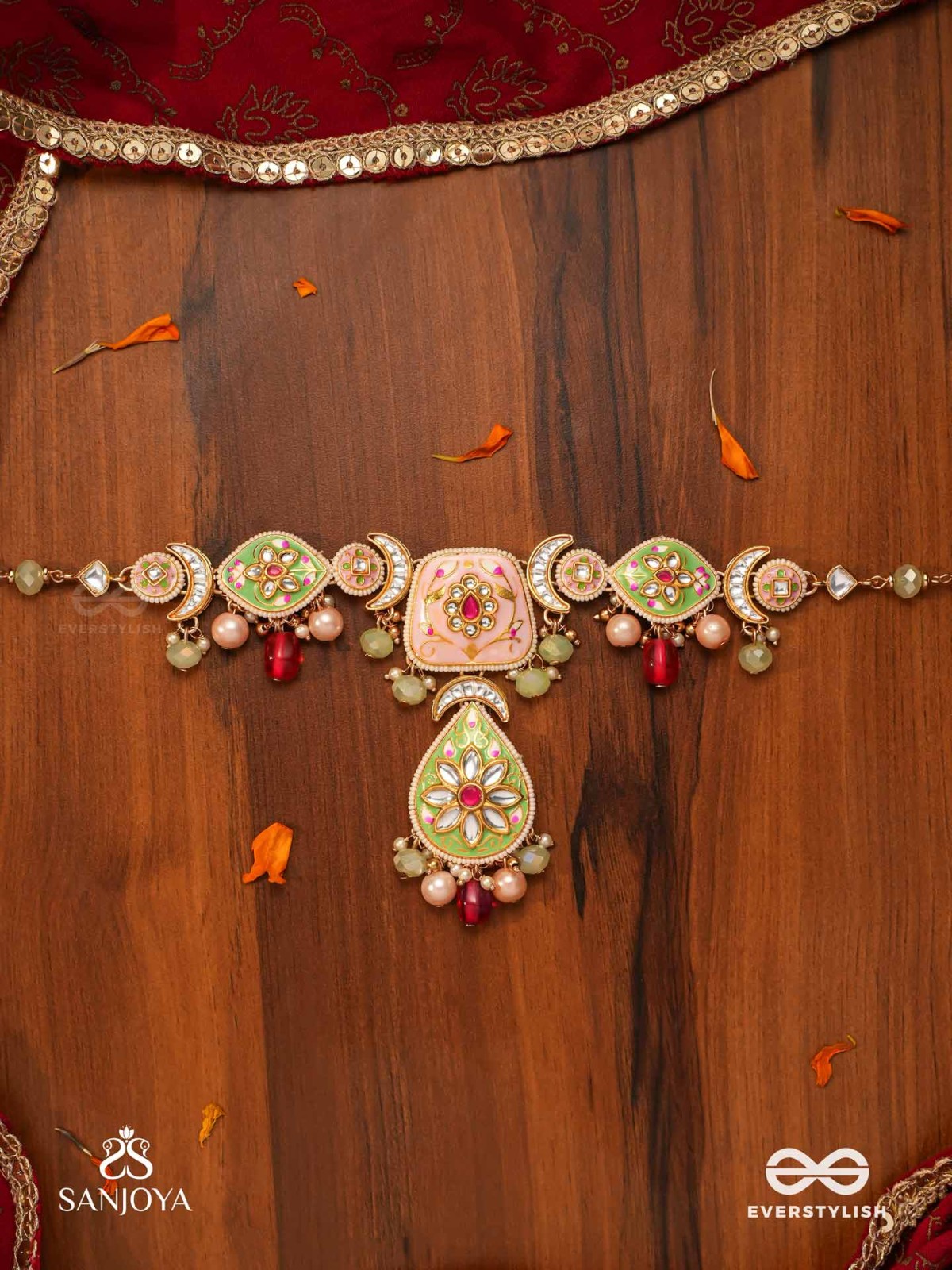 MADHUBHUSHANA - ADORNED WITH SWEETNESS - HANDCRAFTED KUNDAN ENAMEL NECKLACE WITH PEARL AND GEM DROPS