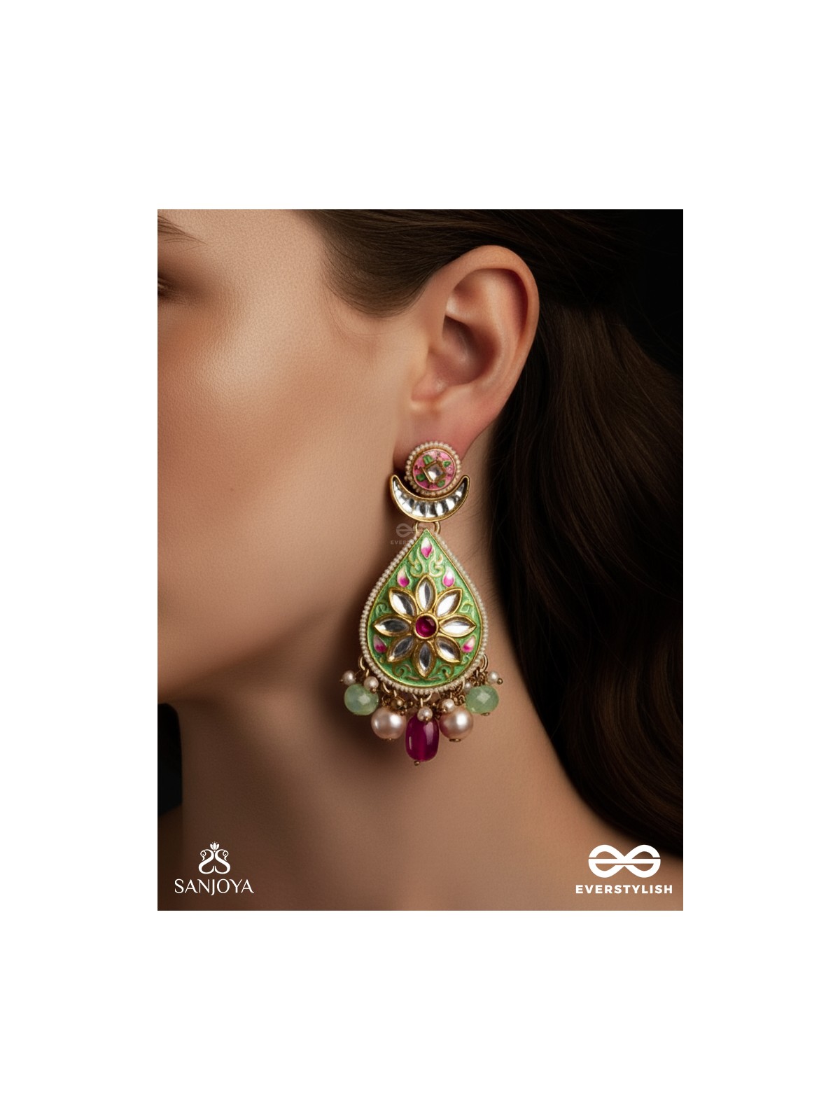 MADHUBHUSHANA - ADORNED WITH SWEETNESS - HANDCRAFTED KUNDAN ENAMEL EARRINGS WITH PEARL AND GEM DROPS